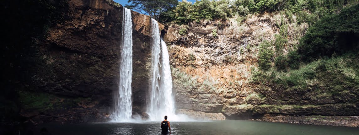 bottom view of Wailua falls Kauai with the double waterfall